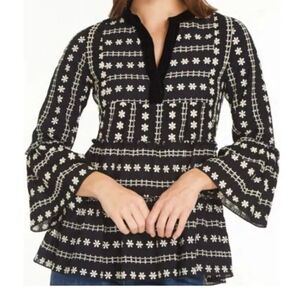 John Mark Women’s Black & White Embroidered Tunic V-Neck Tunic Medium